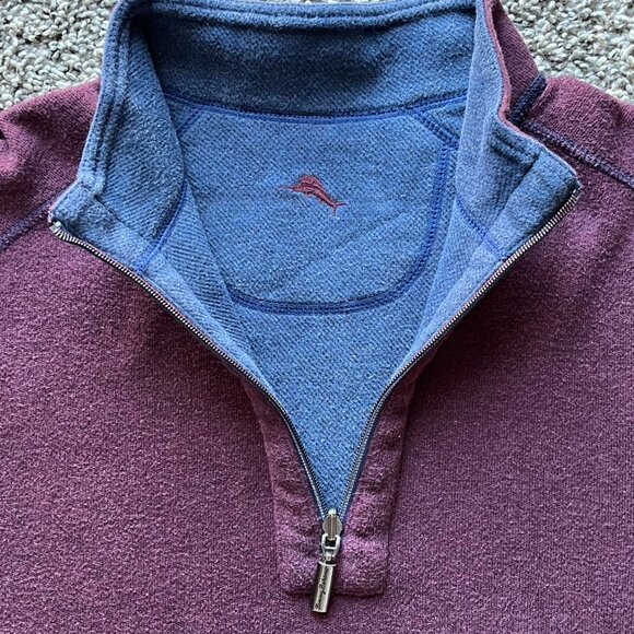 Tommy Bahama Quarter Zip Pullover Mens Medium Burgundy Navy Normcore Coastal Dad - Picture 2 of 8